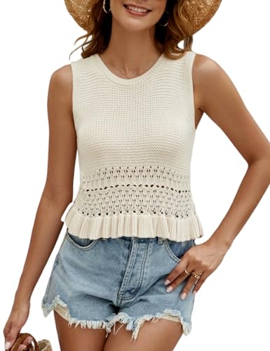CiCiBird Niedlicher bauchfreier Damen-Pullover, ärmellos, Strickpullover, Oberteil, gehäkelt, Rüschensaum, Tanktop, Beige., Mittel CiCiBird Niedlicher bauchfreier Damen-Pullover, ärmellos, Strickpullover, Oberteil, gehäkelt, Rüschensaum, Tanktop, Beige., Mittel von CiCiBird
