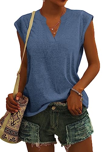Cicy Bell Bluse Damen Elegant Ärmellose T-Shirt V Ausschnitt Cap Tops Shirt T-Shirts für Damen Sommer Hemden Oberteile Blau M von Cicy Bell