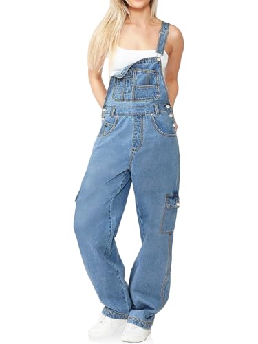 Cicy Bell Damen Cargo Denim Overalls Revolt Utility Verstellbare Träger Bib Jeans Jumpsuit Overalls, Wash Blue, Medium von Cicy Bell