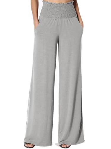 Cicy Bell Damen Hose Weite Beine Palazzo Hose Elastisch Hohe Taille Freizeithose mit Tasche(Hellgrau, S) von Cicy Bell