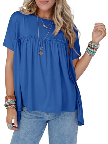 Cicy Bell Damen-Sommer-Babydoll-Tunika, Top, plissiert, kurzärmelig, Rundhalsausschnitt, Schößchen, lässig, lockere Passform, Königsblau, XX-Large Cicy Bell Damen-Sommer-Babydoll-Tunika, Top, plissiert, kurzärmelig, Rundhalsausschnitt, Schößchen, lässig, lockere Passform, Königsblau, XX-Large von Cicy Bell