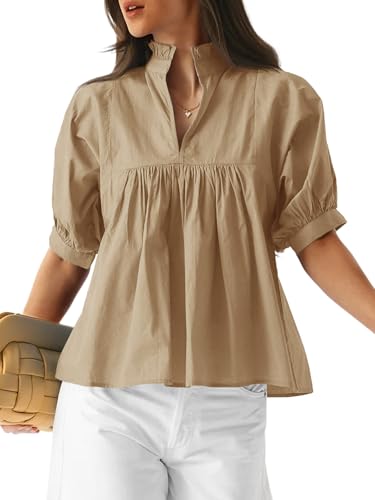Cicy Bell Damenbluse mit Puffärmeln und V-Ausschnitt, Babydoll, Schößchen, elegant, lässig, plissiert, lockere Passform, Khaki, X-Groß Cicy Bell Damenbluse mit Puffärmeln und V-Ausschnitt, Babydoll, Schößchen, elegant, lässig, plissiert, lockere Passform, Khaki, X-Groß von Cicy Bell