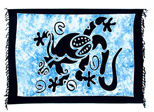 Ciffre Sarong Pareo Wickelrock Lunghi Dhoti Tuch Strandtuch Tribal Gecko Türkis Blau Echse Gecko + Schnalle von Ciffre