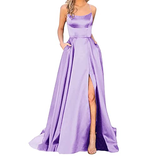 Cihdmfb Abendkleid Damen Elegant Lange Schulterfrei Ballkleider Satin A-Linie Hochzeitskleid Sexy Neckholder Spaghetti Brautkleid Kleider mit Taschen Lang Prinzessin Brautjungfer Kleid(A Violett,S) von Cihdmfb