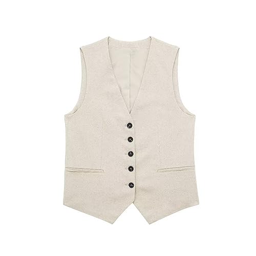 Cihdmfb Anzugweste Weste Damen V-Ausschnitt Ärmellos Kurz Kellnerweste Mit Knöpfe Elegant Festlich Anzugweste Business Freizeit Weste Vintage Weste Tank Top Slim Fit Tops Blazers Weste(A Beige,M) von Cihdmfb