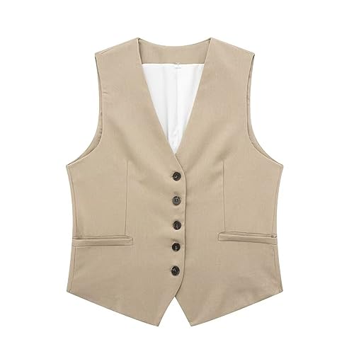 Cihdmfb Anzugweste Weste Damen V-Ausschnitt Ärmellos Kurz Kellnerweste Mit Knöpfe Elegant Festlich Anzugweste Business Freizeit Weste Vintage Weste Tank Top Slim Fit Tops Blazers Weste(A Khaki,L) von Cihdmfb