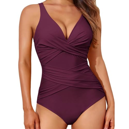 Cihdmfb Badeanzug Damen Tief V-Ausschnitt Cross Bauchweg Monokini Rückenfrei Push-up Bikini Elegant Blumen Druck Schlankheits Raffung Rüschen Einteilige Bademode Swimsuits Schwimmanzug(A Lila,XXL) von Cihdmfb