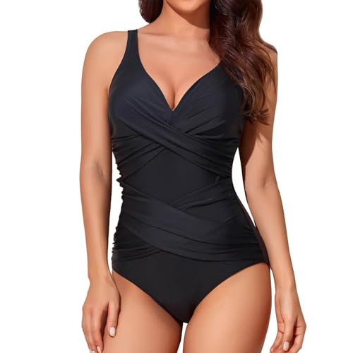 Cihdmfb Badeanzug Damen Tief V-Ausschnitt Cross Bauchweg Monokini Rückenfrei Push-up Bikini Elegant Blumen Druck Schlankheits Raffung Rüschen Einteilige Bademode Swimsuits Schwimmanzug(A Schwarz,L) von Cihdmfb