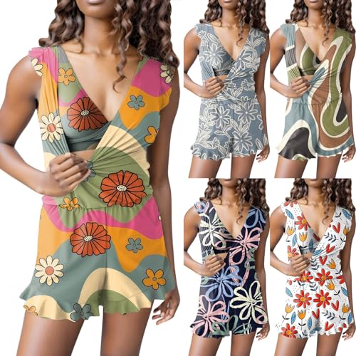 Cihdmfb Badestrampler mit integriertem BH Damen 2024 Swim Romper Built-in Bra und Leggings Sport Badeoverall Damen Sommer Retro Blumen Druck Konservativ Badeanzug mit Bein Bademode Set(A AG,M) von Cihdmfb