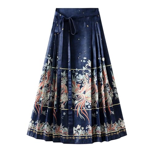 Cihdmfb Chinesische Röcke für Damen Pferdegesicht Plissierter Maxirock Lang Rock Vintage Blumen Print Langer Swing-Maxi-Faltenrock Traditionelle Orientalische Kleidung(B Blau,Einheitsgröße) von Cihdmfb