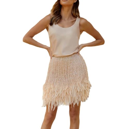 Cihdmfb Feder Rock Damen Elastische Taille Faux Feder Rock KarnevalkostüM Feder Röcke Karneval Kostüm Party Kurzer Federrock Tanz Rock Bühnenkostüm Party Minirock Cosplay Minirock(F Beige,M) von Cihdmfb