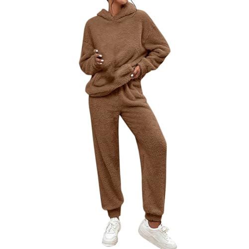 Cihdmfb Hausanzug Damen Winter Teddy Fleece Warme Schlafanzug Casual Langarm Hoodies und Hosen 2 Stück Anzug Set Mit Kapuze Pullover und Haushose Weich Freizeitanzug Warm Homewear Set(B Braun,L) von Cihdmfb