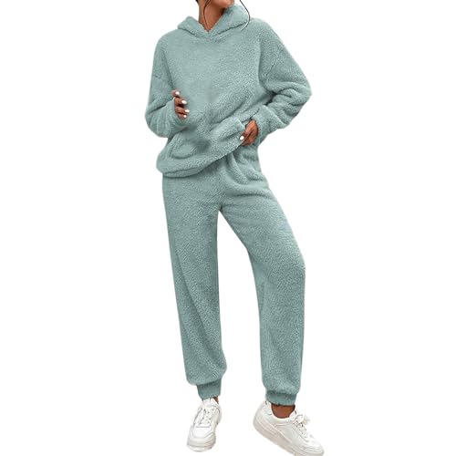 Cihdmfb Hausanzug Damen Winter Teddy Fleece Warme Schlafanzug Casual Langarm Hoodies und Hosen 2 Stück Anzug Set Mit Kapuze Pullover und Haushose Weich Freizeitanzug Warm Homewear Set(B Mintgrün,L) von Cihdmfb