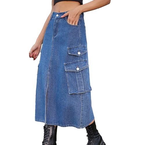 Cihdmfb Jeansrock Damen Elastischer Taille Knielanger Jeans Rock mit Tasche Damen Hohe Taille A-Linie Lange Denim Röcke Lässig Voller Länge Jeansrock(B Blau,M) von Cihdmfb