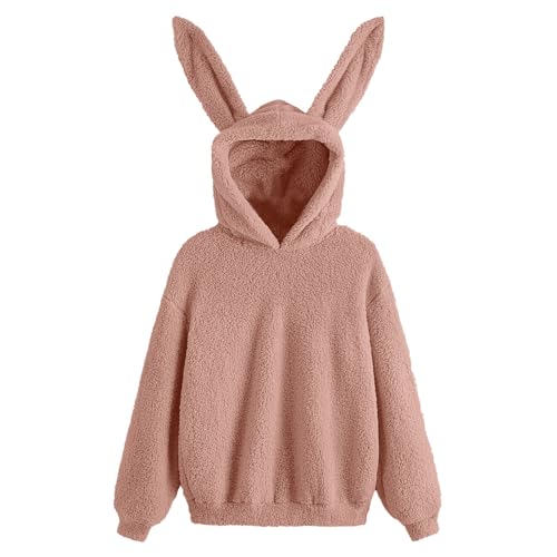 Cihdmfb Kapuzenpullover Damen Teddy-Fleece Pullover Winter Einfarbig Fleece Hasenohren Sweatshirt Frauen Rundhals Warm Langarmshirt Locker Casual Kapuzenpullis Hoodie Oberteil(A Rosa,L) von Cihdmfb