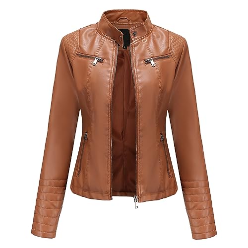 Cihdmfb Lederjacke Damen Vintage Oversize Einfarbig Kurz Bikerjacke Reverskragen Motoradjacke Leder Jacke Übergangsjacke Langarm Moto Biker Lederjacke Reißverschluss Mantel (C Braun,M) von Cihdmfb