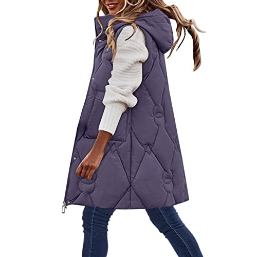 Cihdmfb Longweste Damen Große Größen Winter Warm Longweste Rundhals Ärmellose Lange Steppweste Leicht Winterjacke Winterweste Kapuzenweste Weste üBergangsweste Jacke Mäntel Mit Tasche(I Violett,XXL) von Cihdmfb