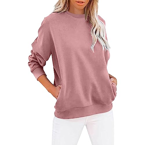 Cihdmfb Pullover Damen Elegant Einfarbig Sweatshirt Ohne Kapuze Damen Langarmshirt mit Taschen Rundhals Pulli Winter Lässige Locker Oberteile Streetwear Langarm Bluse Tops(A Heißes Rosa,XL) von Cihdmfb