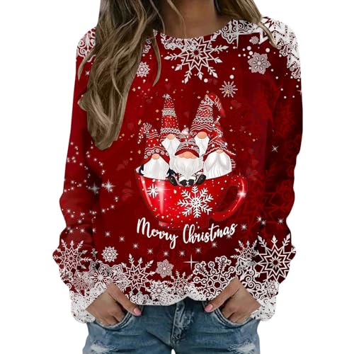 Cihdmfb Pullover Damen Oversize Weihnachtspullover Elegant Weihnachten Rot Weinglas Druck Rundhals Langarmshirts Frauen Streetwear Lässiges Christmas Sweatshirts Oberteile Tops(C Rojo,6XL) von Cihdmfb