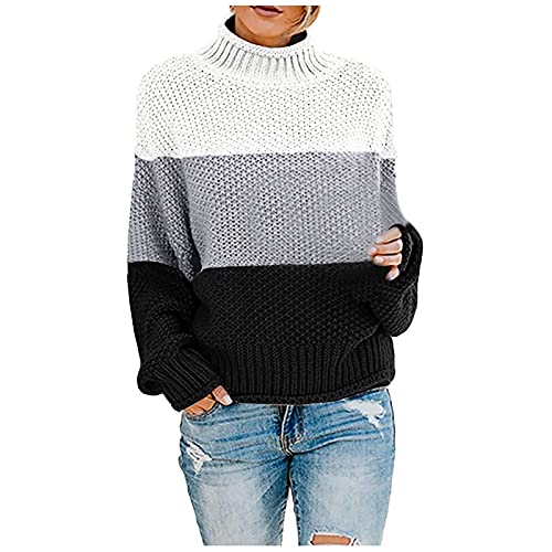 Cihdmfb Pullover Damen Oversized Rollkragenpullover Winter Rollkragen Fledermaus Langarm Sweatshirt Lose Grobstrick Casual Lose Patchwork Strickpullover Pulli Sweater Oberteile Tops(B Schwarz,M) von Cihdmfb