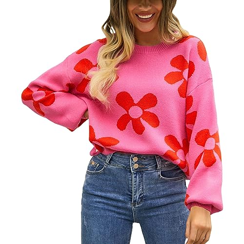 Cihdmfb Pullover Damen Vintage Blumen Druck Strickpullover Rundhals Langarm Stricken Sweater Sweatshirt Winter Lässige Locker Pulli Warme Blusen Oberteile Tops(A Heißes Rosa,L) von Cihdmfb