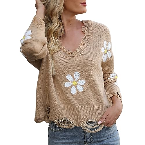 Cihdmfb Pullover Damen Vintage Blumen Druck Strickpullover Rundhals Langarm Stricken Sweater Sweatshirt Winter Lässige Locker Pulli Warme Blusen Oberteile Tops(D Khaki,L) von Cihdmfb