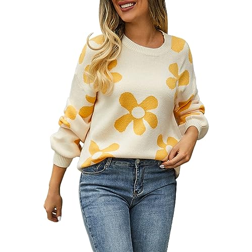 Cihdmfb Pullover Damen Vintage Blumen Druck Strickpullover Rundhals Langarm Stricken Sweater Sweatshirt Winter Lässige Locker Pulli Warme Blusen Oberteile Tops(A Gelb,S) von Cihdmfb