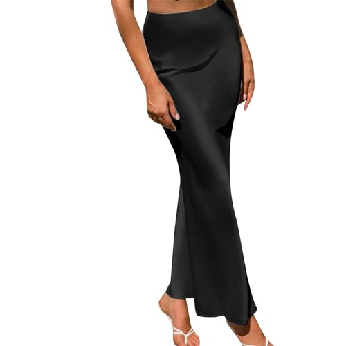 Cihdmfb Satin Rock Damen Hohe Taille A-Linie Langer Rock Versteckter Elastischer Bund Ausgestellter Elegant Einfarbig Midirock mit Seitenschlitz(E Schwarz,XXL) von Cihdmfb