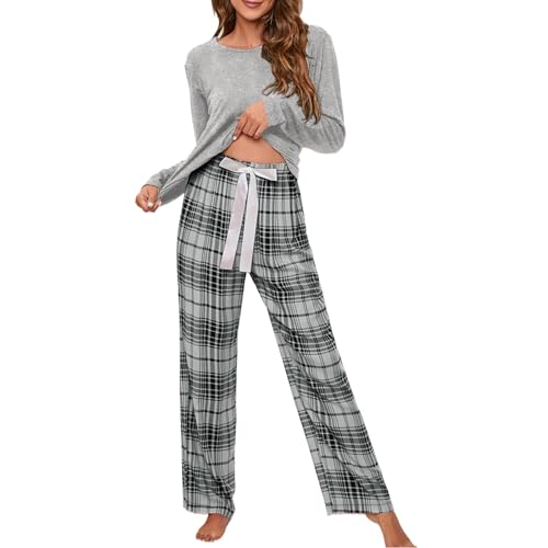 Cihdmfb Schlafanzug Damen Lang Pyjama Set Zweiteiliger Nachtwäsche mit Rundhals Sleepwear und Karierte Elastischer Bund Pyjamahose Hausanzug Freizeitanzug für Frühling(A Grau,4XL) von Cihdmfb