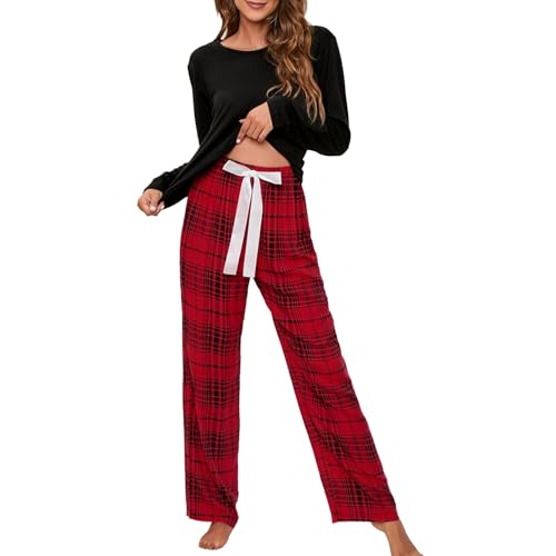 Cihdmfb Schlafanzug Damen Lang Pyjama Set Zweiteiliger Nachtwäsche mit Rundhals Sleepwear und Karierte Elastischer Bund Pyjamahose Hausanzug Freizeitanzug für Frühling(A Schwarz,XXL) von Cihdmfb