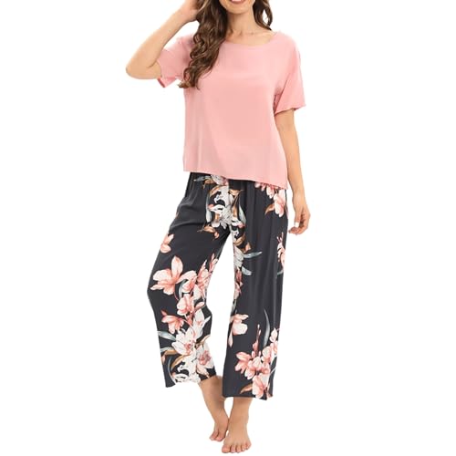 Cihdmfb Schlafanzug Damen Pyjama Lang Nachtwäsche Winter Pyjama Set Zweiteiliger Nachtwäsche Sleepwear und Vintage Blumen Print Pyjamahose Hausanzug Freizeitanzug mit Rundhalsausschnitt(A Rosa,XL) von Cihdmfb