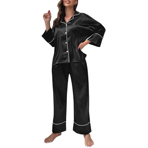 Cihdmfb Schlafanzug Damen Satin Pyjama Winter Revers Langarm Pyjama Set mit Knopfleiste Nachtwäsche Pyjamas Set Elegant Einfarbig V-Ausschnitt Zweiteiliger Nachtwäsche Hausanzug(A Schwarz,XL) von Cihdmfb