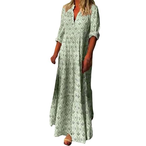 Cihdmfb Sommerkleid Damen Sommer V-Ausschnitt Langarm Strandkleider Freizeit Lose Lange Boho Blumenkleid Maxikleid Vintage Blumenmuster Tunikakleider Freizeitkleid A-Linie Kleid(A Grün,3XL) von Cihdmfb