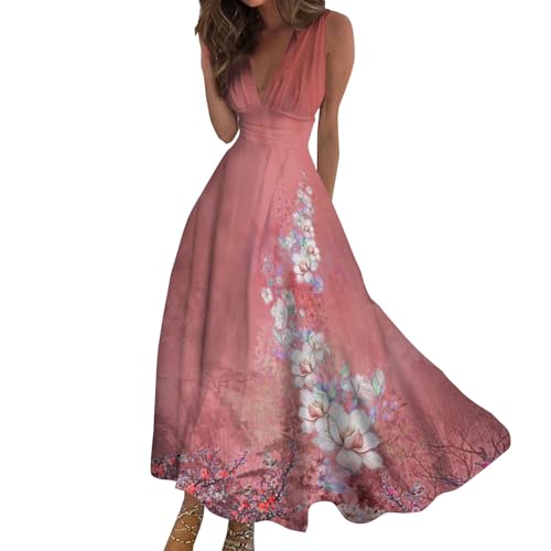 Cihdmfb Sommerkleider Damen Große Größen Lang Maxikleid Lässig Tief V-Ausschnitt Ärmellos A-Linie Kleid Partykleid Sommer Blumendruck Freizeitkleid Strandkleider Boho Beach Maxi Dress(A Weiß,L) von Cihdmfb