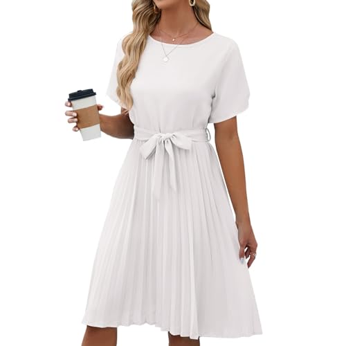 Cihdmfb Sommerkleider Damen Sommer Rundhals Kurzarm Casual T-Shirt Kleider Elegant Einfarbig Strandkleid Freizeitkleider Hohe Taille A-Line Swing Flowy Kruz Kleider mit Gürtel(A Weiß,S) von Cihdmfb