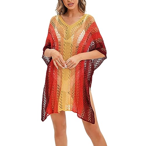 Cihdmfb Strandkleid Damen Strandponcho Sommer Bikini Badeanzug Cover Up Strandkleid mit Quasten V-Ausschnitt Kurzarm Strandtunika Mode Einfarbig Strandurlaub Badeanzug Bikini Cover-Ups(B Orange) von Cihdmfb