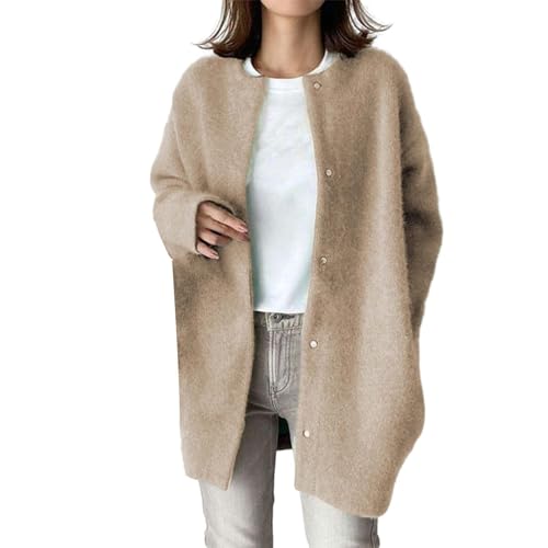 Cihdmfb Strickjacke Damen Mode Rundhals Langarm Open Front mit Knopf Strickcardigan Strickmantel Elegant Einfarbig Knopf Offene Gestrickte Cardigan Strickpullover Casual Sweater Outwear(A Khaki,M) von Cihdmfb