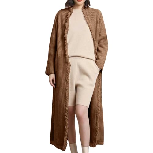 Cihdmfb Strickjacke Damen Revers Langarm Grobstrick-Cardigan Open Front Sweater Elegant Einfarbig Casual Strickcardigan Leicht Gemütlich Offene Vorderseite Lange Strickmantel(B Kaffee) von Cihdmfb