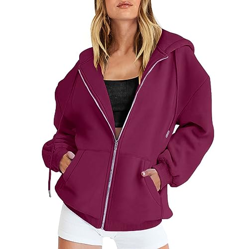 Cihdmfb Sweatjacke Damen Winter Einfarbig Kapuzenjacke Casual Lose Sweatshirt Kapuzenpullover Mit Kapuze Reißverschluss Mantel Lang Pullover Y2K Teenager Mädchen Kaputzenpullis(E Violett,5XL) von Cihdmfb