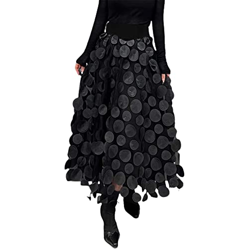 Cihdmfb Tüllrock Damen Vintage Solide A-Linien Halblanger Rock 3D Polka Dot Faltenrock Mesh Flowy Geburtstag Hochzeitsfeier Lang Rock Elastisch Hohe Taille Tutu Rock Lange Stufenröcke(B Schwarz,L) von Cihdmfb