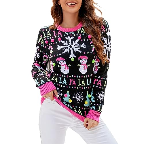 Cihdmfb Weihnachtspullover Damen Winter Weihnachten Weihnachtsbaum Druck Strickpullover Rundhalsausschnitt Langarm Jumper Lange Ärmel Knit Rundhals Christmas Xmas Sweater(I Rosa,XXL) von Cihdmfb