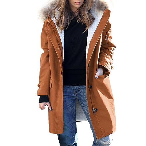 Cihdmfb Winterjacke Damen Elegant Einfarbig Lang Steppmantel Gefüttert Wintermantel Winter Jacke mit Kapuze Verdicken Gefüttert Warm Jacke Mantel mit ReißVerschlüSse und Knöpfe(B Gelb,XXL) von Cihdmfb