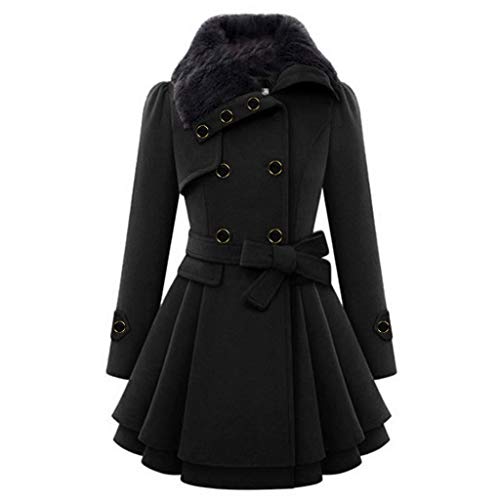 Cihdmfb Wintermantel Damen Winter Lange Zweireihige Wollmantel Revers Winterjacke Basic Einfarbig Dicke Warm Wintermantel Dicke Kapuzenjacke Lang Coat Outwear Mit Taschen und Kapuze(B Schwarz,3XL) von Cihdmfb