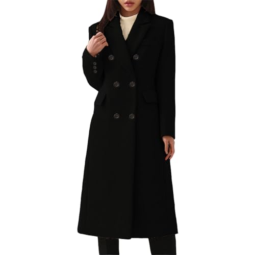 Cihdmfb Wollmantel Damen Oversize Winter Mittellanger Mantel Vintage Einfarbig Wollmantel Revers Outwear Mit Taschen Slim Fit Warm Wintermantel Dicke Warme Lang Coat Outwear mit Gürtel(H Schwarz,4XL) von Cihdmfb