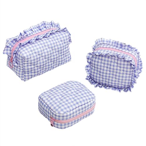 Make-up-Tasche mit Rüschen, kariert, gesteppt, niedlich, Mini-Rüschen, Kosmetiktasche, Organizer, Aufbewahrungstasche für Damen, Reisen, 3-teilig, violett Make-up-Tasche mit Rüschen, kariert, gesteppt, niedlich, Mini-Rüschen, Kosmetiktasche, Organizer, Aufbewahrungstasche für Damen, Reisen, 3-teilig, violett von Cikiki