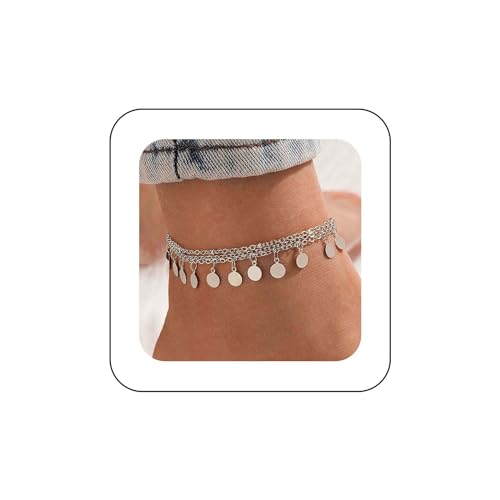 Cimenexe Böhmische Geschichteten Münze Baumeln Knöchel Armband Silber Scheibe Knöchel Kette Armband Geschichteten Kreis Scheibe Strand Fußkettchen Kette Kleine Münze Fußkette Fußkettchen Sommer von Cimenexe