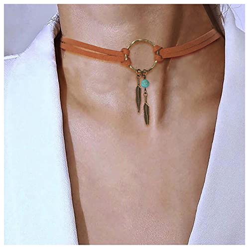 Cimenexe Choker-Halskette aus böhmischem braunem Wildleder, Kreis, Leder, Choker-Halskette, Türkis-Perlen-Halskette, Halsband, kleine Feder, baumelnde Halskette, Schmuck für Frauen und Mädchen von Cimenexe