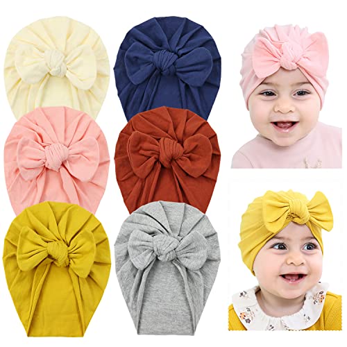 Cinaci 6 Stück Weiche Stretch Baumwoll Turban Hüte mit Großer Schleifenkappe, Mützen, Bonnets, Headwraps, Haaraccessoires für Baby-Mädchen, Neugeborene, Säuglinge, Kleinkinder und Kinder von Cinaci