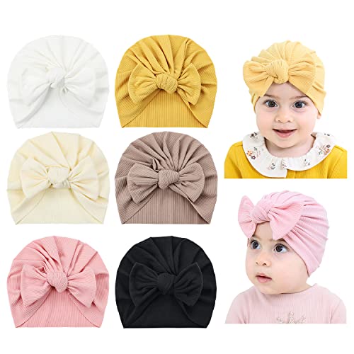 Cinaci 6 Stück weiche, dehnbare Turban-Mützen mit geknoteten großen Schleifenkappen, Beanies Mützen Haarwickel Haarschmuck für Babys Mädchen Säuglinge Kleinkinder Kinder, Khaki, Beige, Pink, L von Cinaci