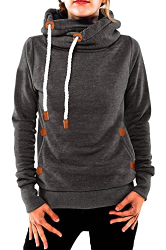 Cindeyar Hoodie Damen Winter Langarm Rollkragen Kapuzenpullover Casual Warmer Baumwoll Pullover Sweatshirt Kordelzug Oberteil mit Taschen(107-Grau,S) von Cindeyar